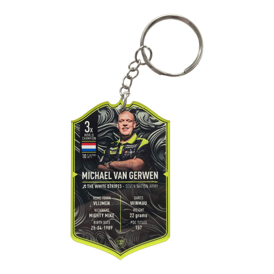 Ultimate Darts Card Schlüsselanhänger - Michael Van Gerwen ist zu sehen. Der Schlüsselanhänger zeigt ein Motiv des berühmten Dartspielers Michael Van Gerwen.