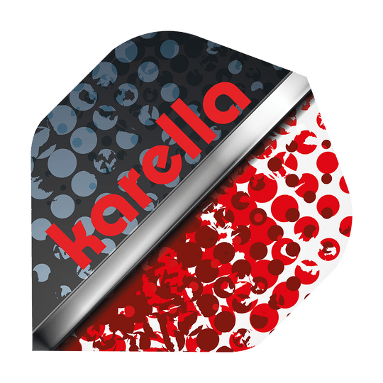 8032-12_Karella_XT-5_No2_Standard_Flights_1 Das Bild zeigt ein Dartflight-Design mit der Aufschrift "Karella" in roten Buchstaben. Die eine Hälfte ist dunkel mit blauen Punkten, die andere Hälfte ist weiß mit roten Punkten gestaltet.
