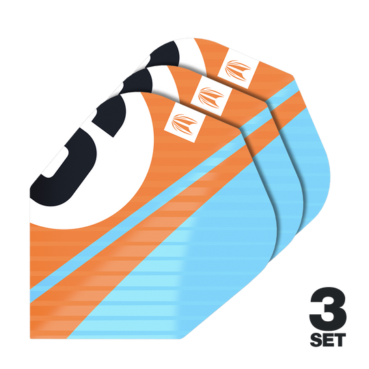 Target Pro Ultra Chicane Orange No6 Flights - 3 Sets Das Bild zeigt drei Sets von Target Pro Ultra Chicane Orange No6 Flights für Dartpfeile. Die Flights sind in Orange, Blau und Schwarz gestaltet und tragen das Target-Logo.