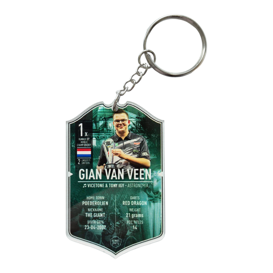 Ultimate Darts Card Schlüsselanhänger - Gian Van Veen ist abgebildet. Es handelt sich um einen Schlüsselanhänger mit dem Bild des Dartspielers Gian Van Veen.