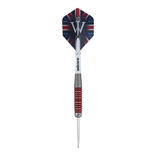 Unicorn The Machine James Wade 90% steel darts Auf dem Bild ist ein Steeldart der Marke Unicorn zu sehen, Modell "The Machine James Wade 90%". Der Dart hat ein silbernes Griffstück mit roten Ringen und eine Flight mit dem Logo "JW".