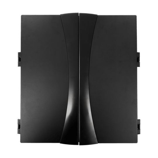 8089_Karella_Elektronische_Dartscheibe_CB25_Turnierausf-hrung_2 Das Bild zeigt die Elektronische Dartscheibe CB 25 Turnierausführung mit geschlossenen Türen. Die Vorderseite ist schlicht und schwarz gehalten.