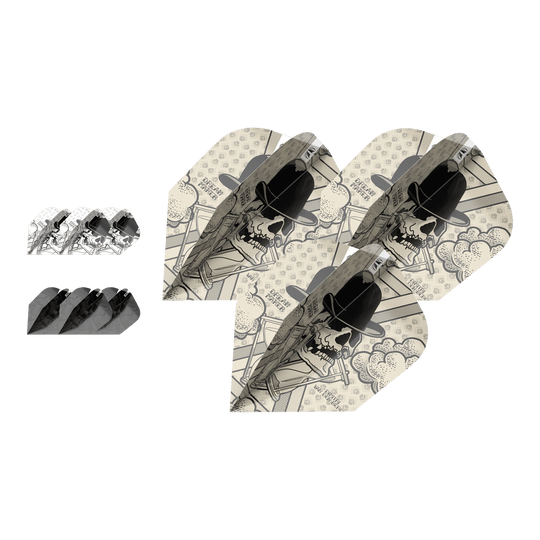Das Bild zeigt drei Sets Dimitri Van Den Bergh No6 Flights aus der Target Ink Bundle Serie. Die Flights haben ein auffälliges Design mit einem Totenkopf, der einen Hut trägt.