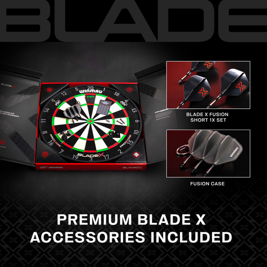 Das Bild zeigt eine Detailaufnahme des Winmau Blade X ProCore Steeldartboards. Es hebt die Besonderheiten der Scheibe hervor.