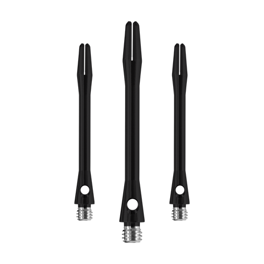 HR368_Harrows_Keramic_Shafts_Schwarz_47mm_1KzzPF3t8vjGQK Das Bild zeigt drei Harrows Keramic Shafts in Matt Schwarz. Sie sind in verschiedenen Längen abgebildet und haben ein modernes, schlichtes Design.