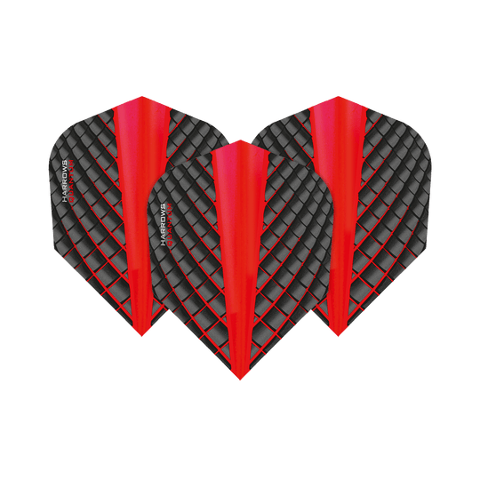 HR6804_Harrows_Quantum_Rot_No6_Flights_1tT66NFeGQCqw4 Das Bild zeigt drei Harrows Quantum Rot No6 Flights. Sie sind schwarz mit einem roten Streifen in der Mitte und einem rautenförmigen Muster.