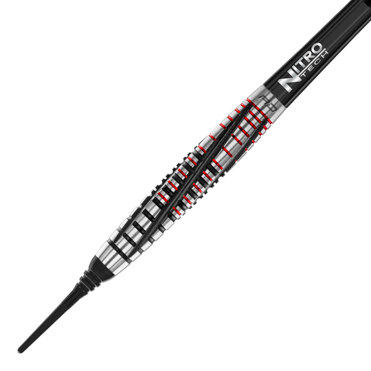 Red Dragon Rifle Soft Darts - 20g Das Bild zeigt einen Red Dragon Rifle Softdart mit einem Gewicht von 20 Gramm. Der Dartpfeil hat ein silbernes und schwarzes Design mit roten Akzenten.