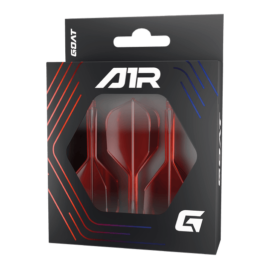 GOAT A1R No6 Flight Shaft System - Red Die Abbildung zeigt das Produkt "GOAT A1R No6 Flight-Shaft-System – Rot" in seiner Verpackung. Im Sichtfenster der Schachtel sind drei rote Dart-Flights und -Schäfte zu sehen.