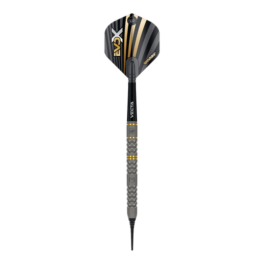 Das Bild zeigt einen Winmau Michael Van Gerwen Evo-X Softdart mit einem Gewicht von 20g. Der Dart hat ein modernes Design mit schwarz-goldenen Akzenten und einer strukturierten Griffzone.