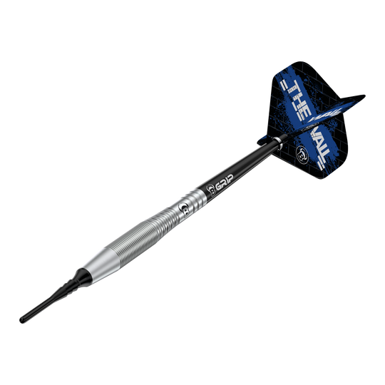 Bulls Martin Schindler TW80 soft darts - 18g Auf dem Bild ist der Bulls Martin Schindler TW80 Softdart mit einem Gewicht von 18g zu sehen. Der Dart hat ein silbernes Barrel und schwarze Flights mit blauem Design.