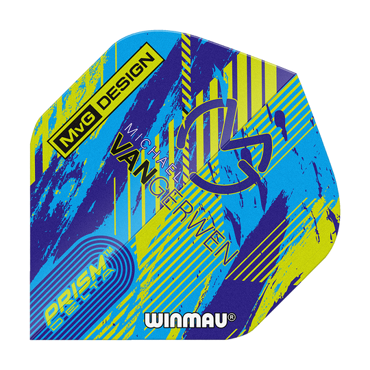 Winmau Delta Michael Van Gerwen Prism 04 Standard Flights Das Bild zeigt ein buntes Dartflight mit dem Namen "Winmau Delta Michael Van Gerwen Prism 04 Standard Flights". Auf dem Flight sind verschiedene Schriftzüge und ein modernes Design in Blau, Gelb und Lila zu sehen.