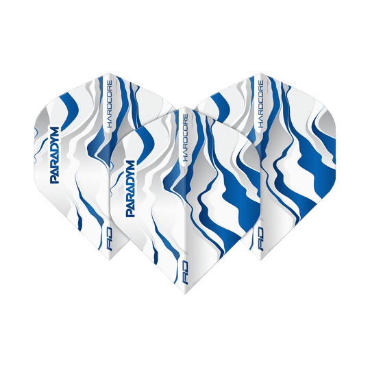 Dieses Bild zeigt ein Set der Red Dragon Hardcore Premium Paradym Blue Premium No2 Standard Flights. Es handelt sich um hochwertige, blaue Dartflights für ambitionierte Spieler.