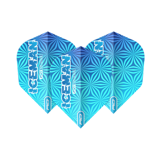 Red Dragon Gerwyn Price Iceman Blue No6 Flights Das Bild zeigt drei blaue Dart-Flights mit geometrischem Muster und der Aufschrift "ICEMAN". Die Flights tragen das Logo "Red Dragon" und sind das Modell "Gerwyn Price Iceman Blue No6".