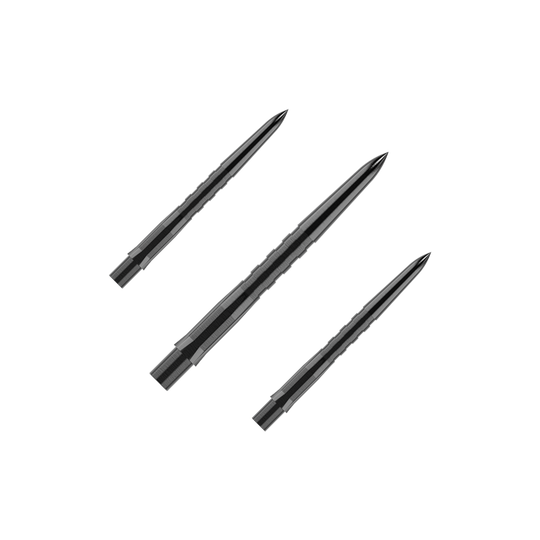Mission Caliburn EVO Dart Tips - Grooved - Black Das Bild zeigt drei schwarze, gerillte Steeldartspitzen, die parallel zueinander liegen. Die Spitzen sind spitz zulaufend und haben eine glänzende Oberfläche.