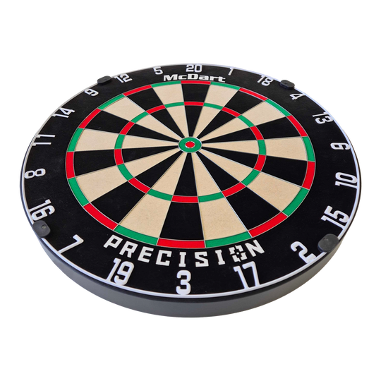 McDart Precision steel dartboard Dies ist ein McDart Precision Steeldartboard. Die Scheibe hat ein klassisches Design mit klarer Nummerierung und farbigen Markierungen.
