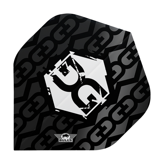Das Bild zeigt ein schwarzes Dartflight mit einem modernen, grafischen Design und dem Logo "Bulls" unten. In der Mitte befindet sich ein auffälliges, weißes Symbol mit stilisierten Buchstaben.