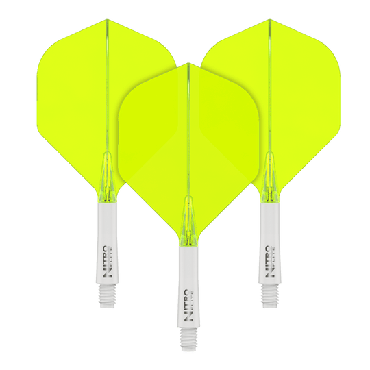 Red Dragon Nitroflite - White Shaft Yellow No2 Flights Auf dem Bild sind drei gelbe Dartflights mit weißen Schäften zu sehen. Sie stehen nebeneinander auf einem schwarzen Hintergrund.