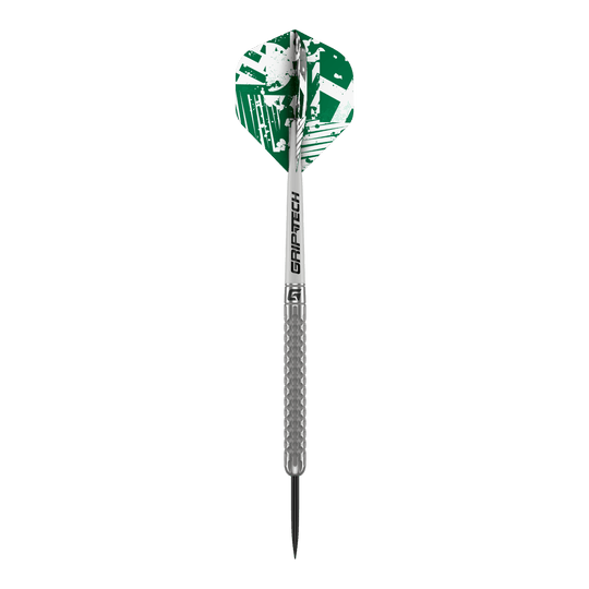 GOAT Fairway V1 Tungsten Steel Darts Das Bild zeigt einen GOAT Fairway V1 Tungsten Steeldart mit silbernem Schaft und Griffbereich. Die Dartflügel sind grün-weiß gemustert und tragen den Schriftzug "GRIP-TECH".