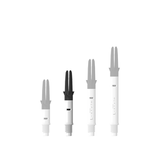 Zu sehen ist der L-Style L-Shaft Carbon Silent Straight in Weiß, Modell 190. Es handelt sich um ein hochwertiges Dartshaft-Zubehör.