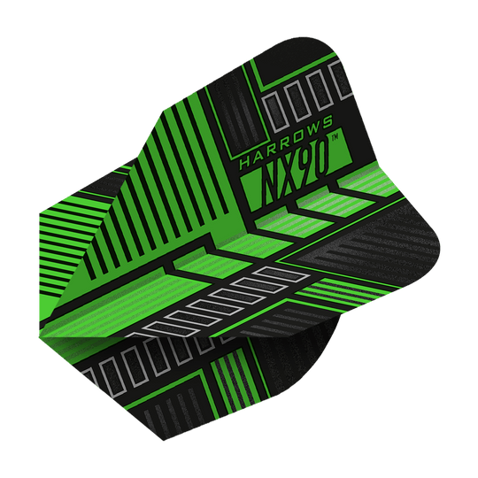 Auf dem Bild ist ein Harrows Prime NX90 Green Flight zu sehen. Das Flight ist überwiegend schwarz mit grünen und silbernen grafischen Mustern.
