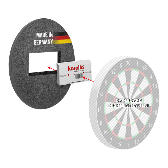 Compact soundproofing Karella for steel dartboards Kompakter Schallschutz Karella für Steeldartboards ist auf dem Bild zu sehen. Es handelt sich um einen schalldämpfenden Schutz für Steeldartboards.