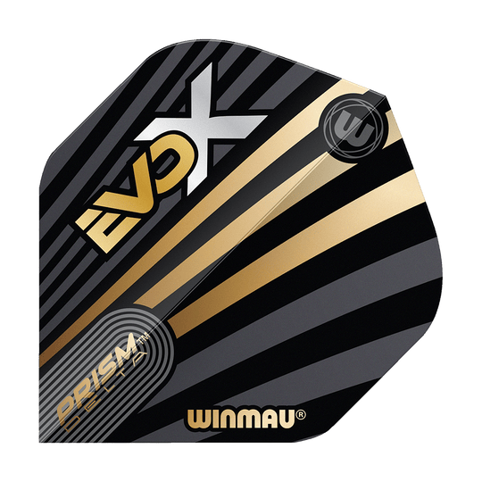 Das Bild zeigt ein Winmau Prism Delta MvG Evo-X No2 Standard Flight. Das Flight ist schwarz mit goldenen und grauen Streifen sowie dem Schriftzug "EVO-X" und "WINMAU".