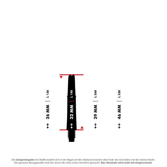 L-L-Style-Shafts Locked Straight - Green Das Bild zeigt eine schematische Darstellung eines Dart-Schafts mit Maßangaben. Es werden verschiedene Längen in Millimetern angegeben, die zwischen den roten Linien gemessen werden.