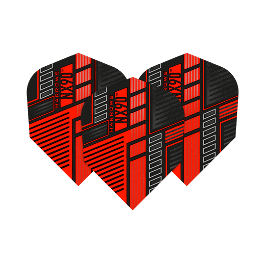 Das Bild zeigt drei Harrows Prime NX90 Red Flights für Dartpfeile. Die Flights sind rot, schwarz und grau gestaltet und haben ein modernes, grafisches Muster.