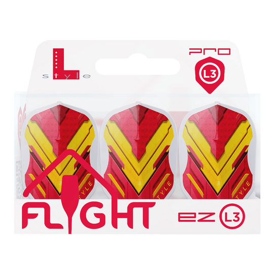 L-Style V-Series V1 Type A Spain Clear White L3EZ Flights Das Bild zeigt eine Packung mit drei Dart-Flights der Marke L-Style in den Farben Rot und Gelb. Auf der Verpackung steht „FLIGHT ez L3“ und oben rechts ist das Pro L3-Logo zu sehen.
