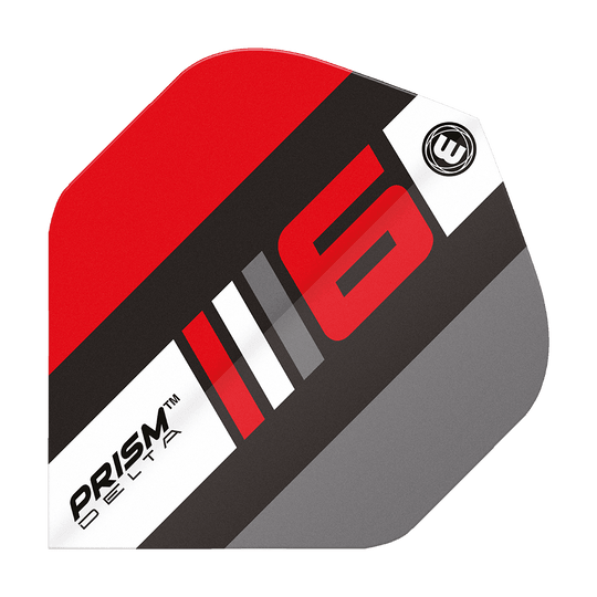 Das Bild zeigt ein Dartflight des Modells "Winmau Prism Delta Blade 6 B Standard". Das Design ist in Rot, Schwarz, Grau und Weiß gehalten und zeigt die Zahl 6 sowie den Produktnamen.