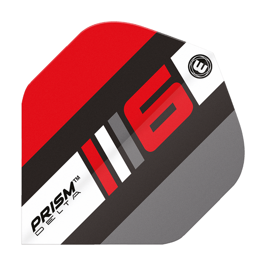 6915-226_Winmau_Prism_Delta_Blade6_B_Standard_Flights_1Il14W8J8omWNW Das Bild zeigt ein Dartflight des Modells "Winmau Prism Delta Blade 6 B Standard". Das Design ist in Rot, Schwarz, Grau und Weiß gehalten und zeigt die Zahl 6 sowie den Produktnamen.