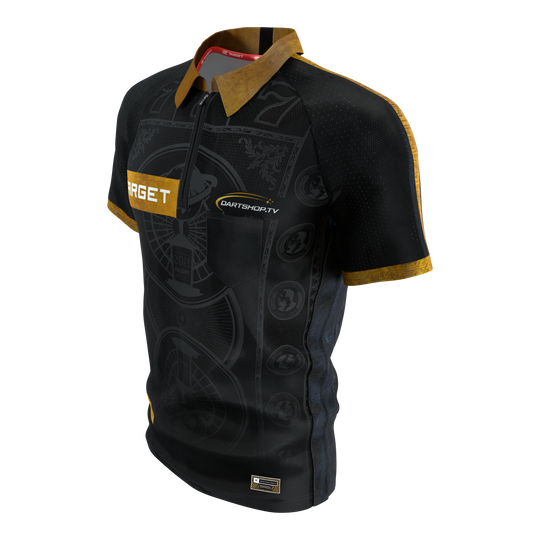 Target Adrian Lewis dart shirt 2026 Das Bild zeigt das Target Adrian Lewis Dartshirt 2026. Das Dartshirt ist ein offizielles Sporttrikot mit markantem Design.