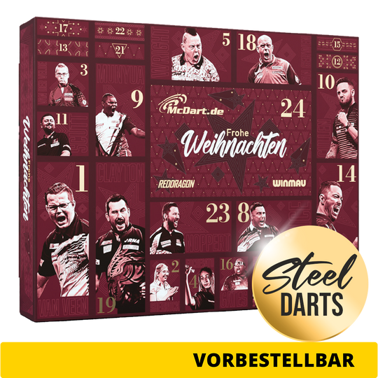 Das Bild zeigt den McDart Premium Adventskalender 2026 für Steeldart-Spieler. Ein tolles Geschenk für alle Dart-Begeisterten.
