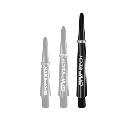 Auf dem Bild sind drei schwarze Dartschäfte in verschiedenen Längen zu sehen. Auf jedem Schaft steht das weiße Logo "GRIPTECH".
