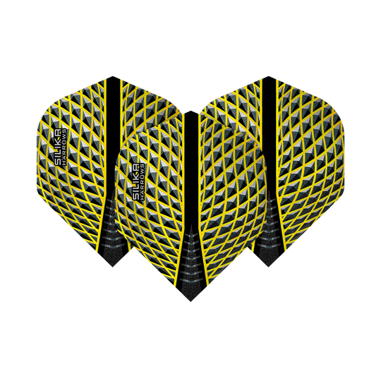 Das Bild zeigt die Harrows Silika Yellow No2 Standard Flights. Die Flights haben ein auffälliges gelb-schwarzes Muster mit einem modernen Design.