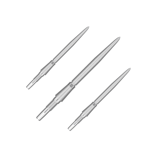 Auf dem Bild sind drei silberne Dartspitzen abgebildet. Sie sind aus Metall und haben eine schlanke, geriffelte Form.