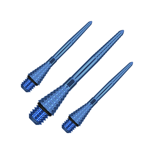 380177_Target_Titanium_Swiss_Point_Grooved_Conversion_Points_Blau_30mm_1 Das Bild zeigt drei blaue, gerillte Dartspitzen mit Schraubgewinde. Sie sind aus Metall gefertigt und haben eine schlanke, konische Form.
