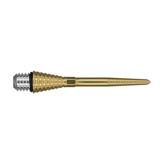380179_Target_Titanium_Swiss_Point_Grooved_Conversion_Points_Gold_30mm_2 Das Bild zeigt eine goldfarbene, gerillte Dartspitze mit Schraubgewinde. Sie besteht aus Metall und hat eine konische Form.