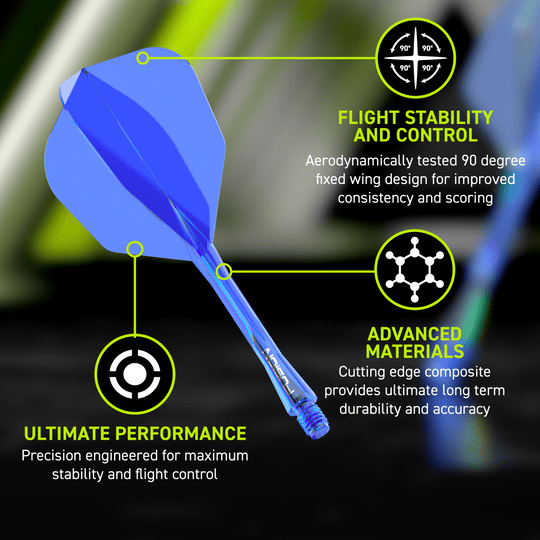 Das Winmau Fusion Flight-Shaft-System No6 in Blau ist zu sehen. Es bietet eine moderne Lösung für Dartspieler.