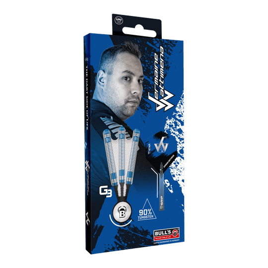 Die Abbildung zeigt die Verpackung der Bulls Jermaine Wattimena Generation 3 Softdarts mit 20g Gewicht. Auf der Verpackung sind drei Darts sowie ein Porträt von Jermaine Wattimena und der Hinweis auf 90 % Tungsten zu sehen.