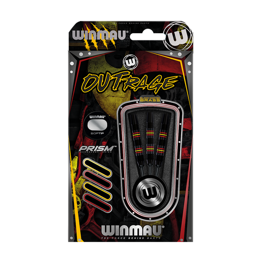 2236_Winmau_Outrage_V2_Black_Coated_Softdarts_3 Die Abbildung zeigt die Winmau Outrage V2 Black Coated Brass Softdarts mit einem Gewicht von 18g in ihrer Verpackung. Die Darts sind schwarz mit farbigen Ringen und werden in einer auffälligen, modernen Verpackung präsentiert.