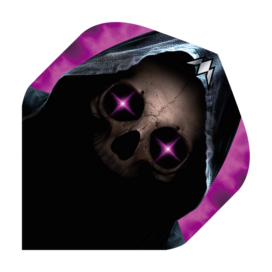 Das Bild zeigt ein Dartflight mit einem Totenkopf in einer dunklen Kapuze. Die Augen des Schädels leuchten in einem auffälligen Lila mit Sternenform.