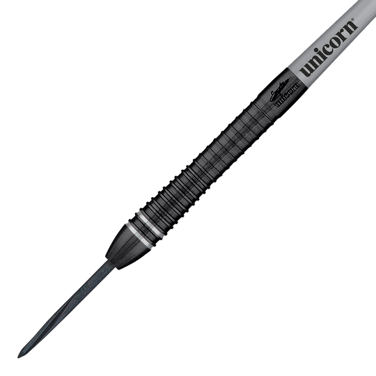 Unicorn World Champion Gary Anderson Noir Phase 6 Steeldarts Das Bild zeigt einen Steeldartpfeil aus der Serie "Unicorn World Champion Gary Anderson Noir Phase 6". Der Dartpfeil ist schwarz mit silbernen Akzenten und trägt das "Unicorn"-Logo.