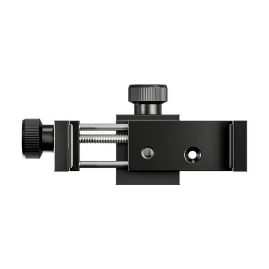 460003_Target_MOD_Mount_Handyhalterung_3 Das Bild zeigt die Target MOD Mount Handyhalterung in schwarzer Farbe. Die Halterung besteht aus robustem Material und verfügt über verstellbare Schrauben zur sicheren Befestigung eines Smartphones.