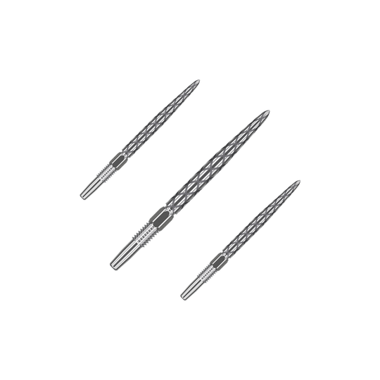 Target Swiss Diamond Pro Silver Points dart tips Das Bild zeigt drei silberne Dartspitzen mit einem rautenförmigen Muster. Sie sind nebeneinander auf einem neutralen Hintergrund angeordnet.