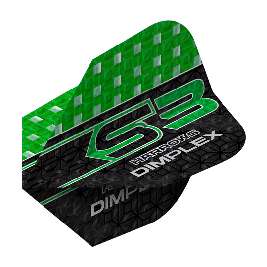 Das Bild zeigt einen grünen und schwarzen Dartflight mit der Aufschrift "Harrows Dimplex S3". Das obere Drittel ist grün mit silbernen Quadraten, der Rest ist schwarz mit einem Muster und weißen Schriftzügen.