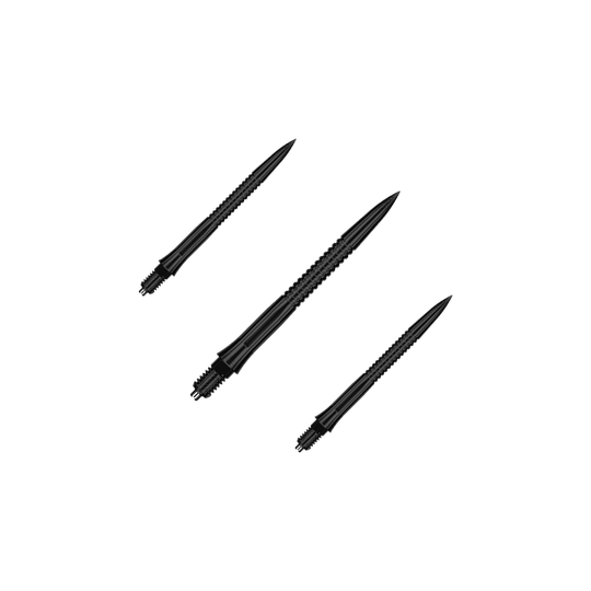 Caliburn EZ-EVO Dart Tips - Grooved - Black Das Bild zeigt ein Set EVO201 Caliburn EZ-EVO Dartspitzen mit Rillen in Schwarz, jeweils 28 mm lang. Das Set ist ideal für Dartliebhaber und Vielspieler.