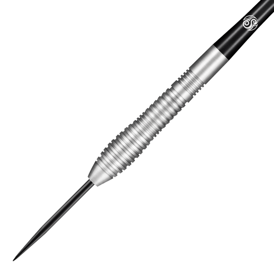 Shot Birds Of Prey Kestrel Steel Darts Das Bild zeigt einen Shot Birds Of Prey Kestrel Steeldart. Der Dartpfeil hat einen silbernen, geriffelten Körper und eine schwarze Spitze.