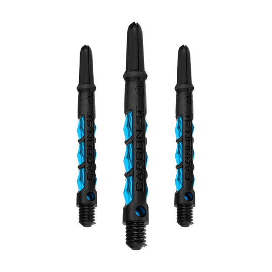 Das Bild zeigt drei Harrows Carbon ST Shafts in der Farbe Aqua. Die Dartschäfte sind schwarz mit blauen Akzenten gestaltet.