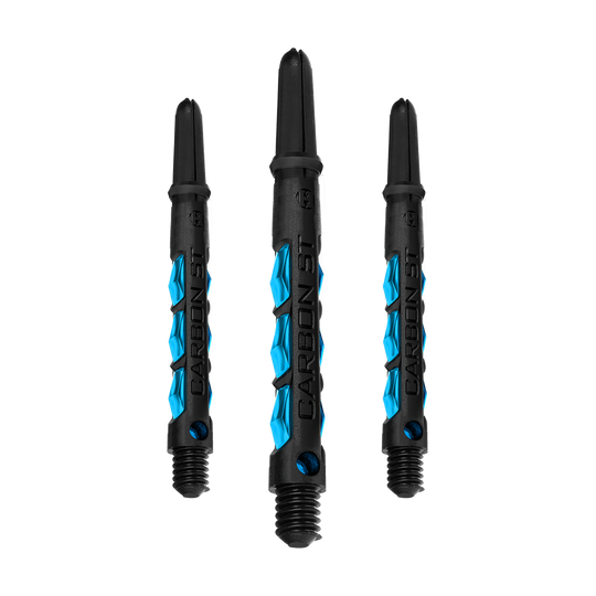 HR412_Harrows_Carbon_ST_Shafts_Aqua_47mm_1c1gU1i6hU0sTO Das Bild zeigt drei Harrows Carbon ST Shafts in der Farbe Aqua. Die Dartschäfte sind schwarz mit blauen Akzenten gestaltet.